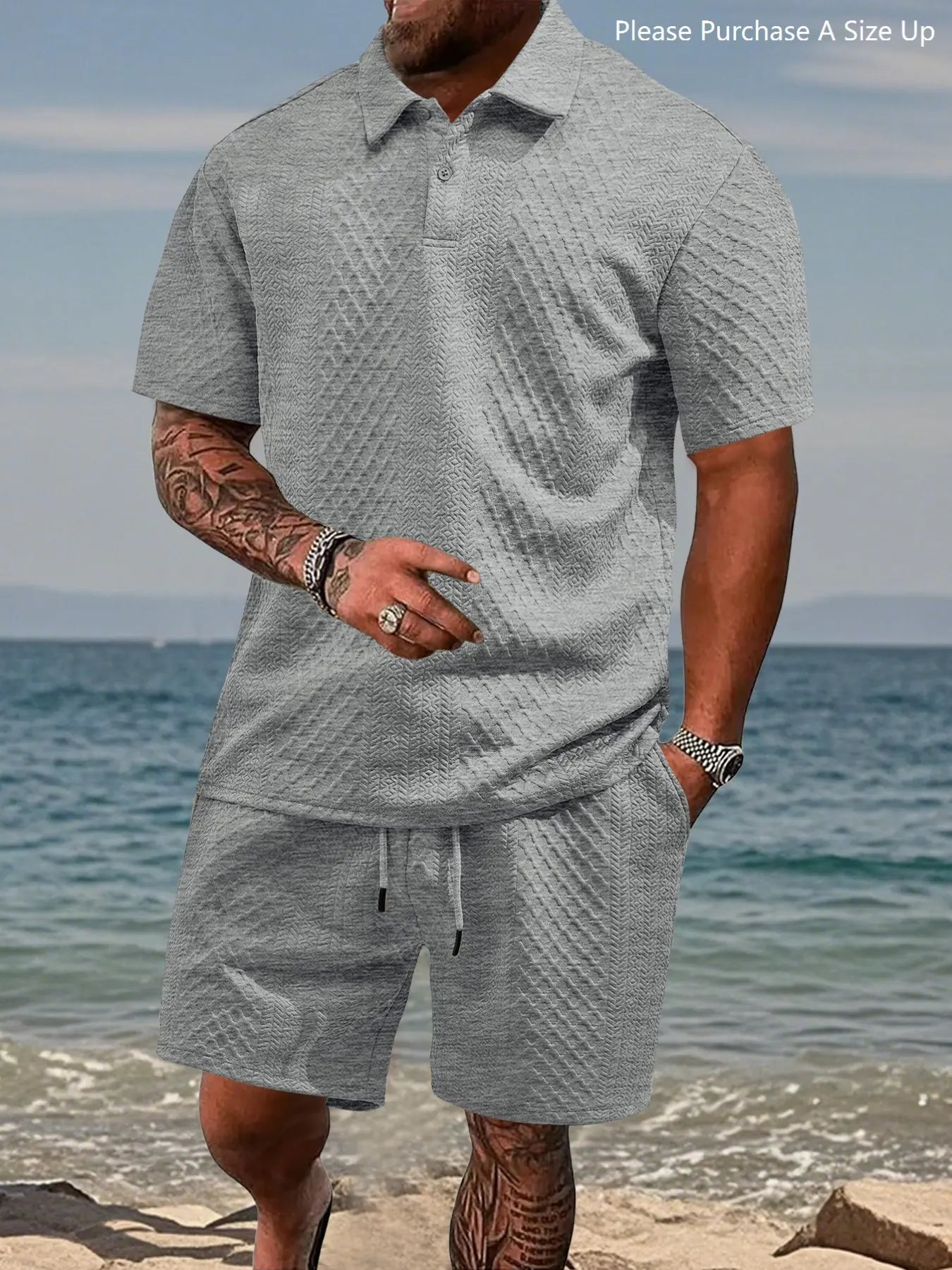 Men'S Solid Polo Shirt & Drawstring Waist Shorts Set with Pockets, Cozy Breathable Two-Piece Outfits for Daily Outdoor Wear, Men Clothes for Summer.It Is Recommended to Buy One Size Larger.