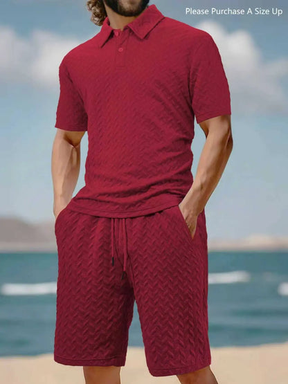Men'S Solid Polo Shirt & Drawstring Waist Shorts Set with Pockets, Cozy Breathable Two-Piece Outfits for Daily Outdoor Wear, Men Clothes for Summer.It Is Recommended to Buy One Size Larger.