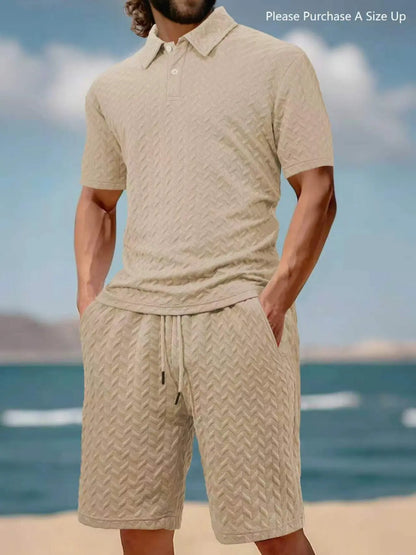 Men'S Solid Polo Shirt & Drawstring Waist Shorts Set with Pockets, Cozy Breathable Two-Piece Outfits for Daily Outdoor Wear, Men Clothes for Summer.It Is Recommended to Buy One Size Larger.
