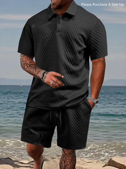 Men'S Solid Polo Shirt & Drawstring Waist Shorts Set with Pockets, Cozy Breathable Two-Piece Outfits for Daily Outdoor Wear, Men Clothes for Summer.It Is Recommended to Buy One Size Larger.