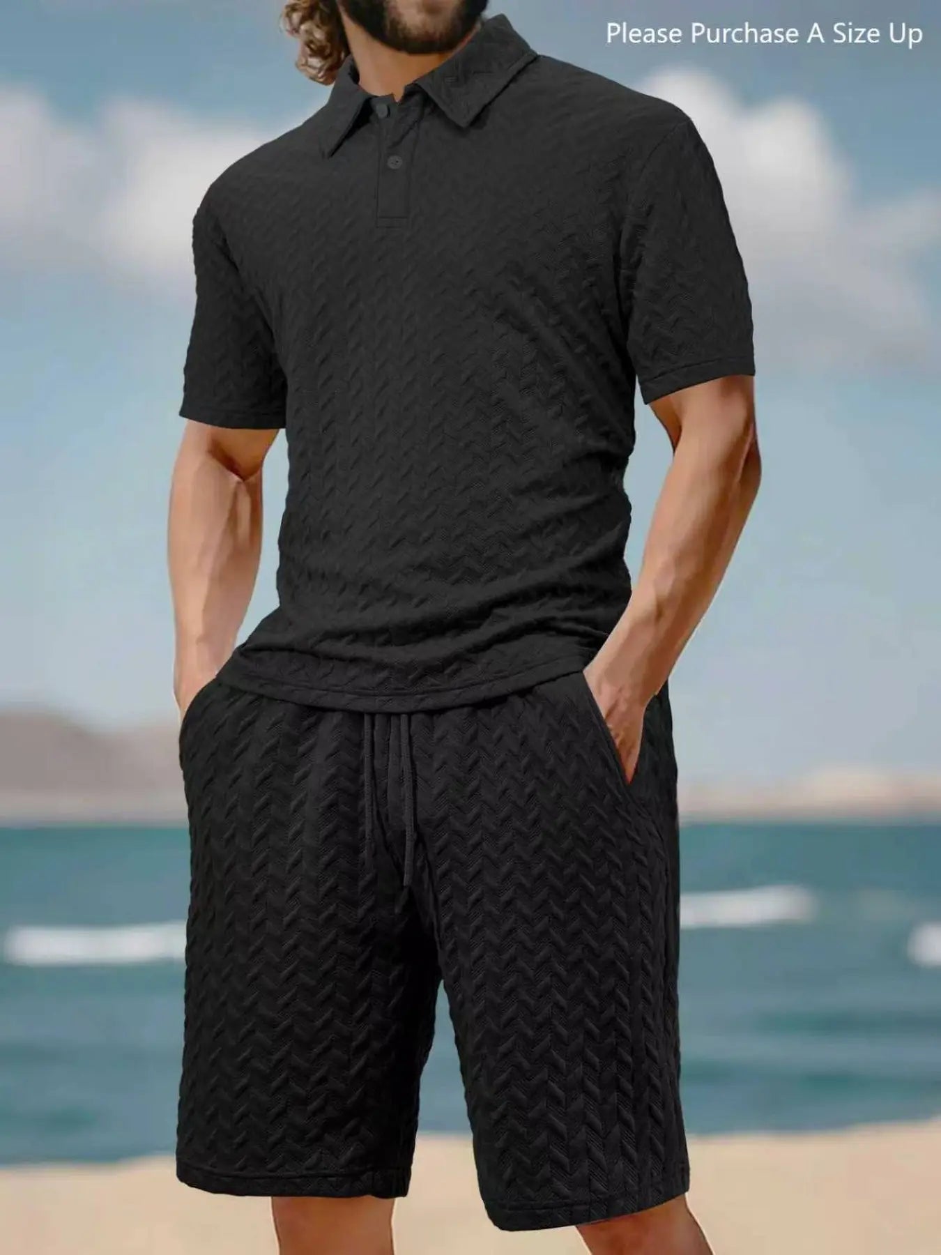 Men'S Solid Polo Shirt & Drawstring Waist Shorts Set with Pockets, Cozy Breathable Two-Piece Outfits for Daily Outdoor Wear, Men Clothes for Summer.It Is Recommended to Buy One Size Larger.