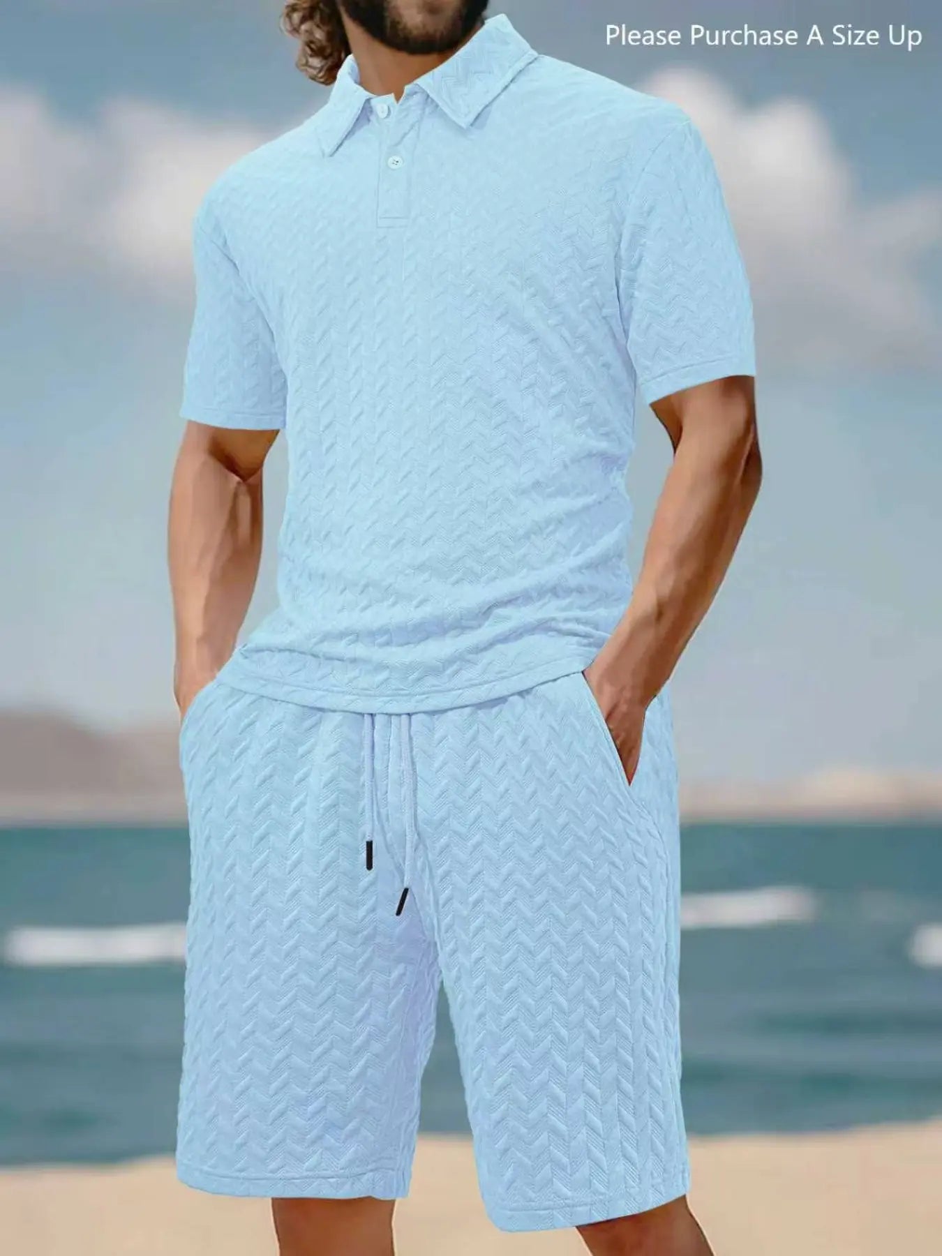 Men'S Solid Polo Shirt & Drawstring Waist Shorts Set with Pockets, Cozy Breathable Two-Piece Outfits for Daily Outdoor Wear, Men Clothes for Summer.It Is Recommended to Buy One Size Larger.