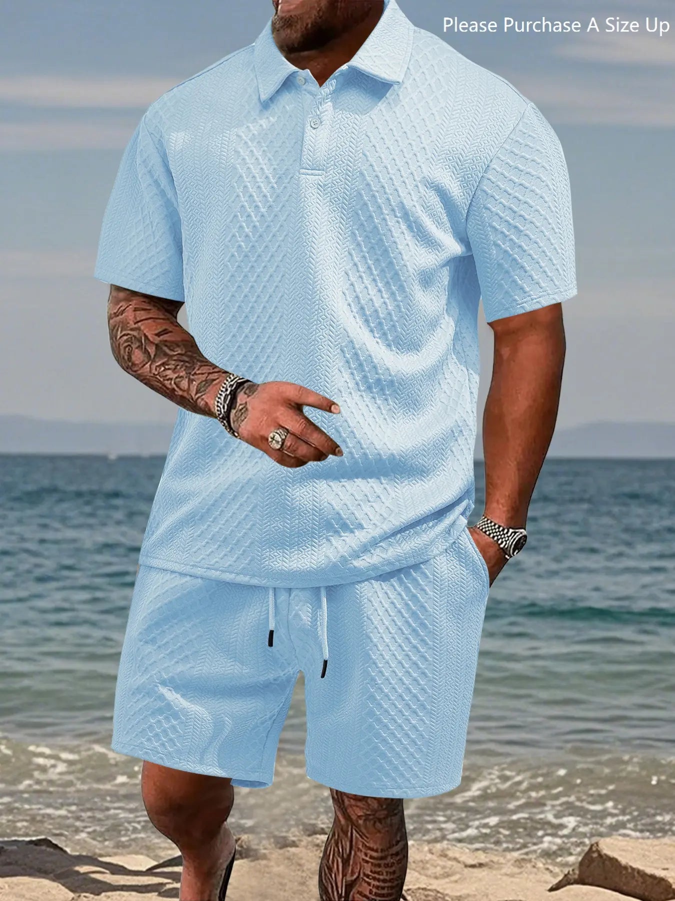 Men'S Solid Polo Shirt & Drawstring Waist Shorts Set with Pockets, Cozy Breathable Two-Piece Outfits for Daily Outdoor Wear, Men Clothes for Summer.It Is Recommended to Buy One Size Larger.