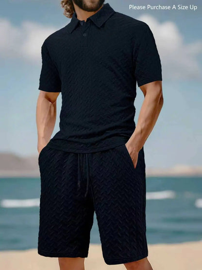 Men'S Solid Polo Shirt & Drawstring Waist Shorts Set with Pockets, Cozy Breathable Two-Piece Outfits for Daily Outdoor Wear, Men Clothes for Summer.It Is Recommended to Buy One Size Larger.