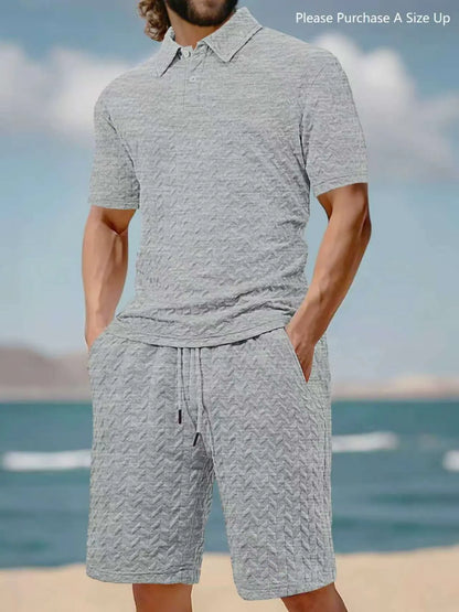 Men'S Solid Polo Shirt & Drawstring Waist Shorts Set with Pockets, Cozy Breathable Two-Piece Outfits for Daily Outdoor Wear, Men Clothes for Summer.It Is Recommended to Buy One Size Larger.