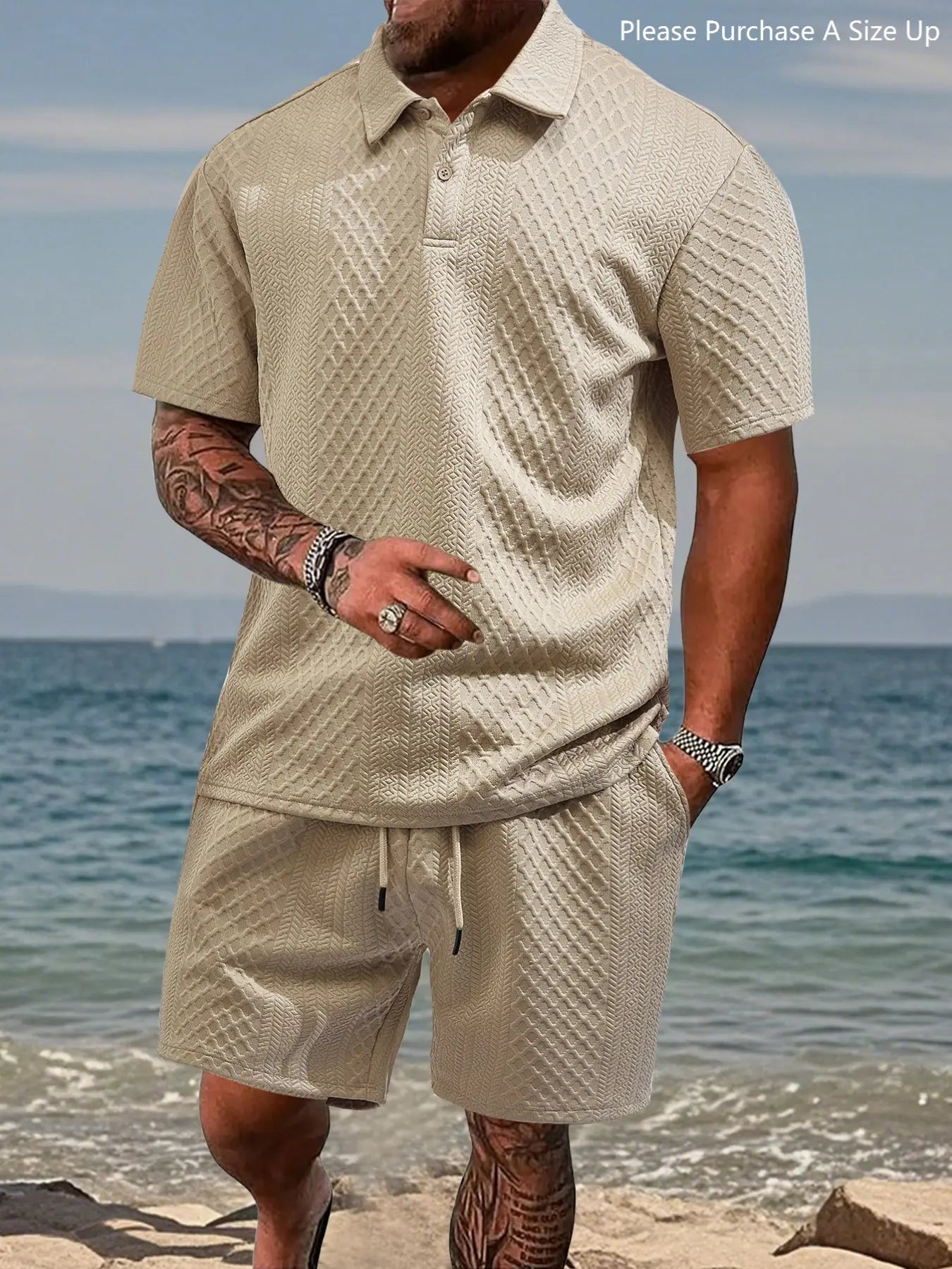 Men'S Solid Polo Shirt & Drawstring Waist Shorts Set with Pockets, Cozy Breathable Two-Piece Outfits for Daily Outdoor Wear, Men Clothes for Summer.It Is Recommended to Buy One Size Larger.