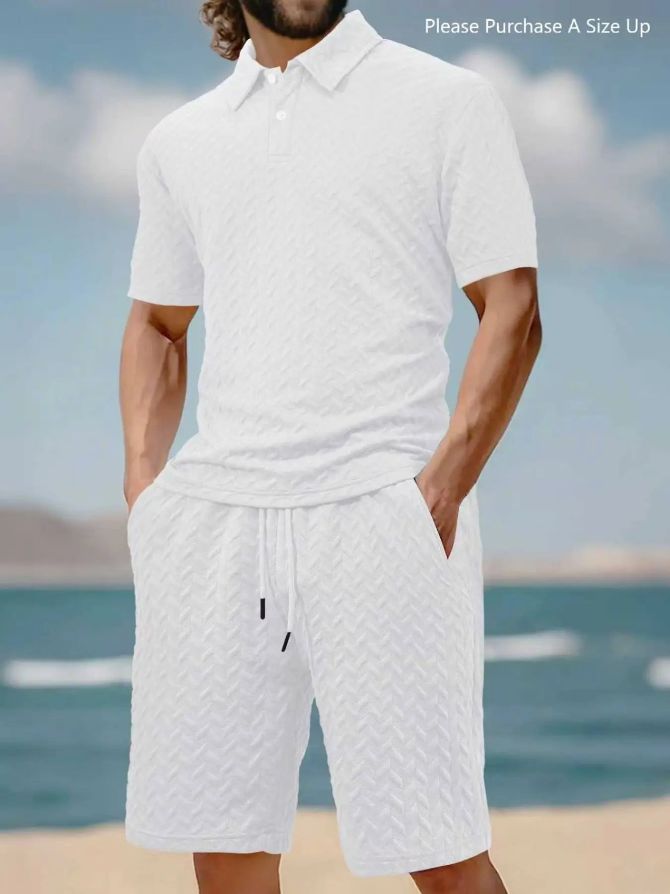 Men'S Solid Polo Shirt & Drawstring Waist Shorts Set with Pockets, Cozy Breathable Two-Piece Outfits for Daily Outdoor Wear, Men Clothes for Summer.It Is Recommended to Buy One Size Larger.