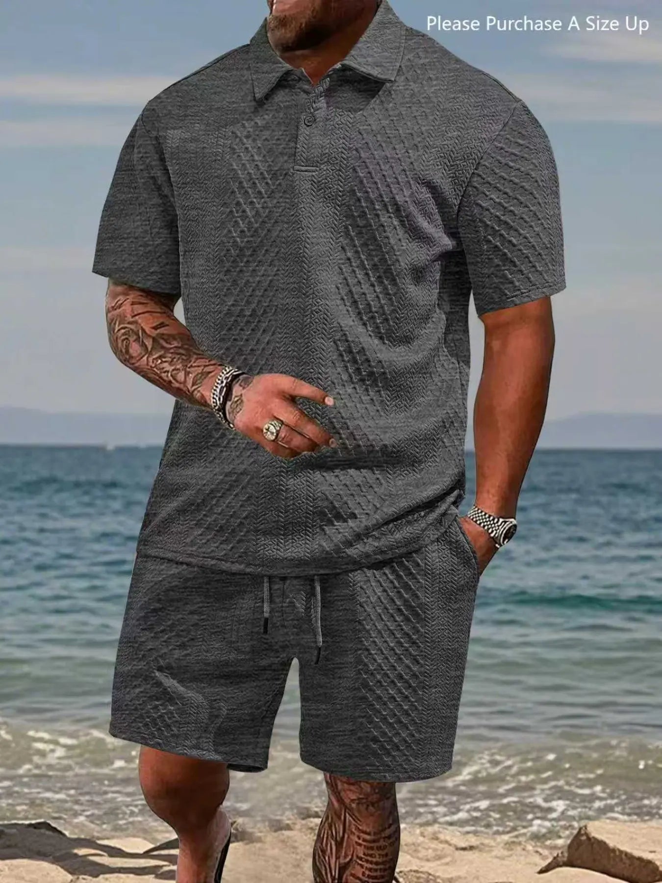 Men'S Solid Polo Shirt & Drawstring Waist Shorts Set with Pockets, Cozy Breathable Two-Piece Outfits for Daily Outdoor Wear, Men Clothes for Summer.It Is Recommended to Buy One Size Larger.
