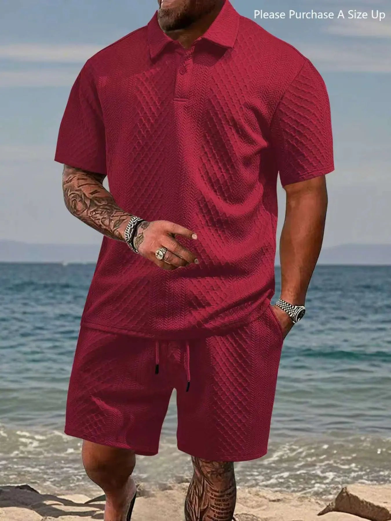 Men'S Solid Polo Shirt & Drawstring Waist Shorts Set with Pockets, Cozy Breathable Two-Piece Outfits for Daily Outdoor Wear, Men Clothes for Summer.It Is Recommended to Buy One Size Larger.